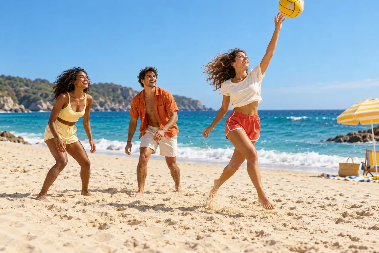 Friends playing beach volleyball in bright sunshine, with optional title overlay