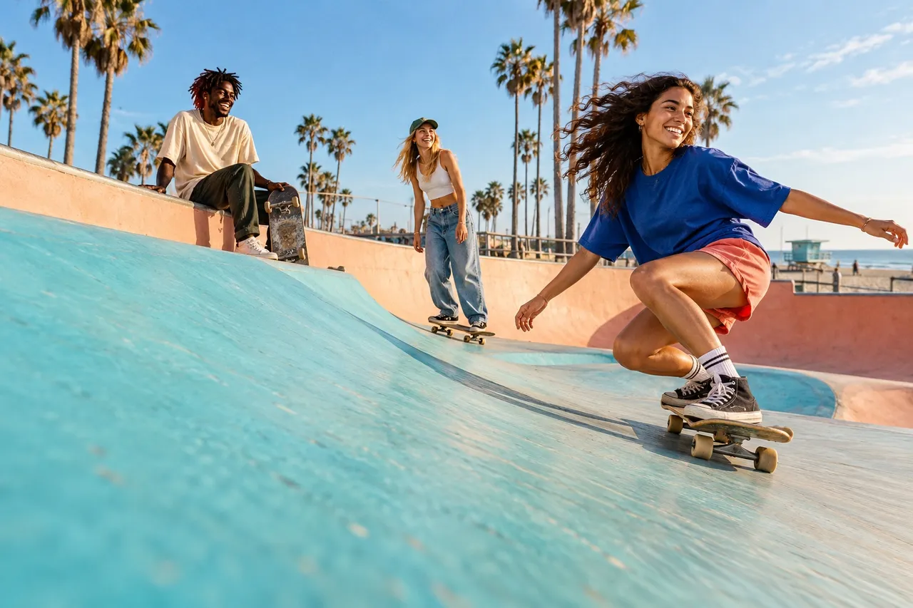 Friends skating together at a colorful sunlit skatepark